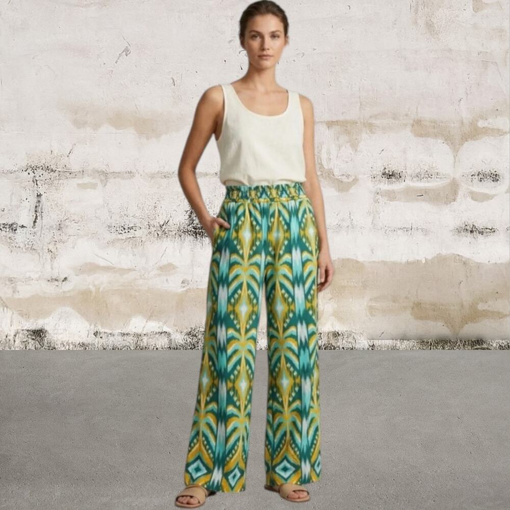FARM Rio Green & Yellow Tropical-Print Wide Leg Pants